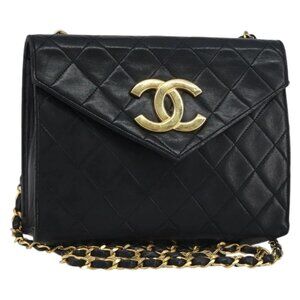 CHANEL Matelasse Chain Shoulder Bag Lamb Skin Black Gold CC Auth 158840